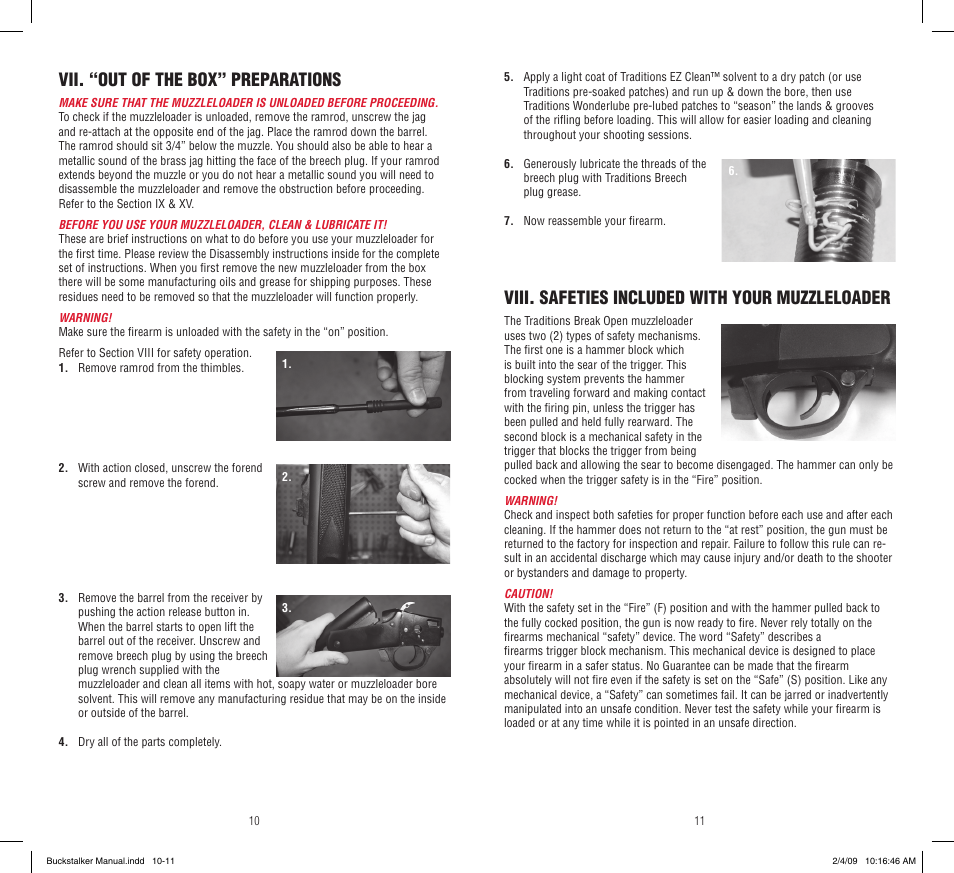 Vii. “out of the box” preparations, Viii. safeties included with your muzzleloader | Traditions Buckstalker User Manual | Page 6 / 15