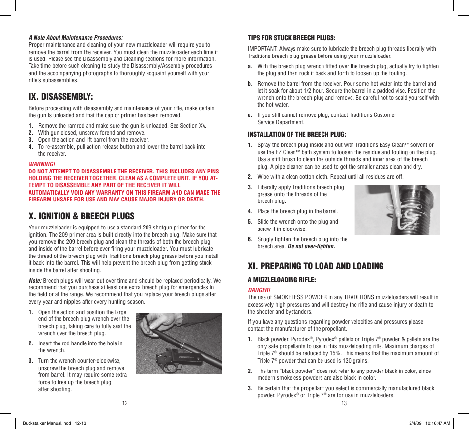 Ix. disassembly, X. ignition & breech plugs, Xi. preparing to load and loading | Traditions Buckstalker User Manual | Page 7 / 15
