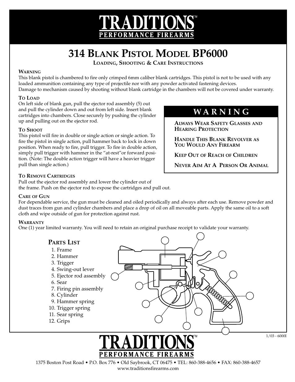 Traditions BP6000 BlankPistol User Manual | 2 pages