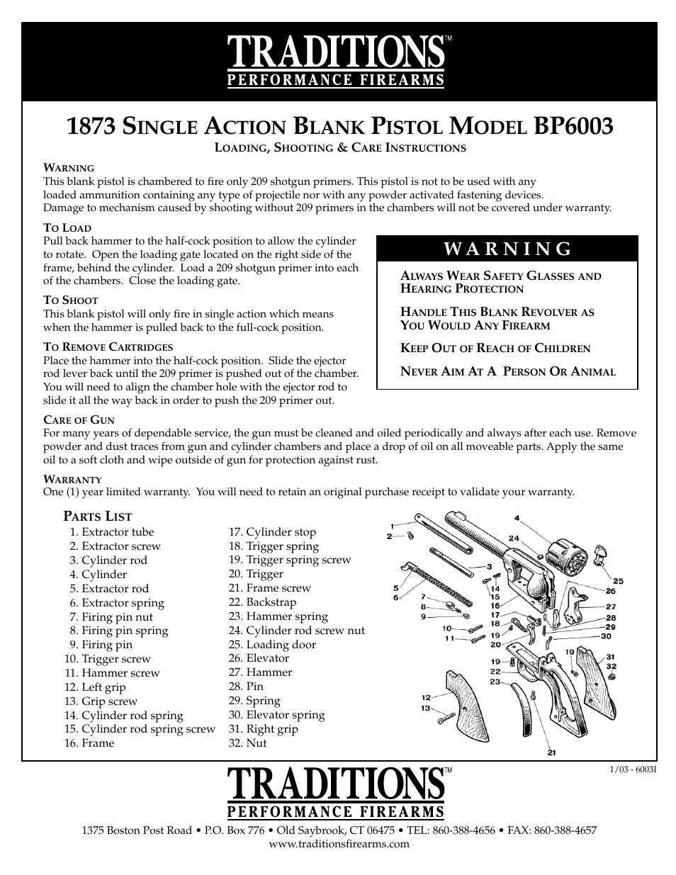 Traditions BP6003 BlankPistol User Manual | 1 page