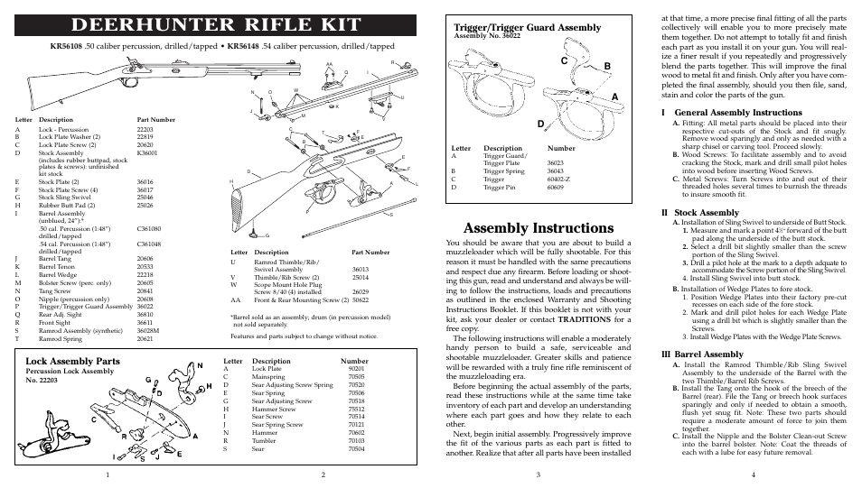 Deerhunter rifle kit, Assembly instructions, Lock assembly parts | Trigger/trigger guard assembly, Cb a d, Igeneral assembly instructions, Ii stock assembly, Iii barrel assembly | Traditions Deerhunter Kit User Manual | Page 2 / 2