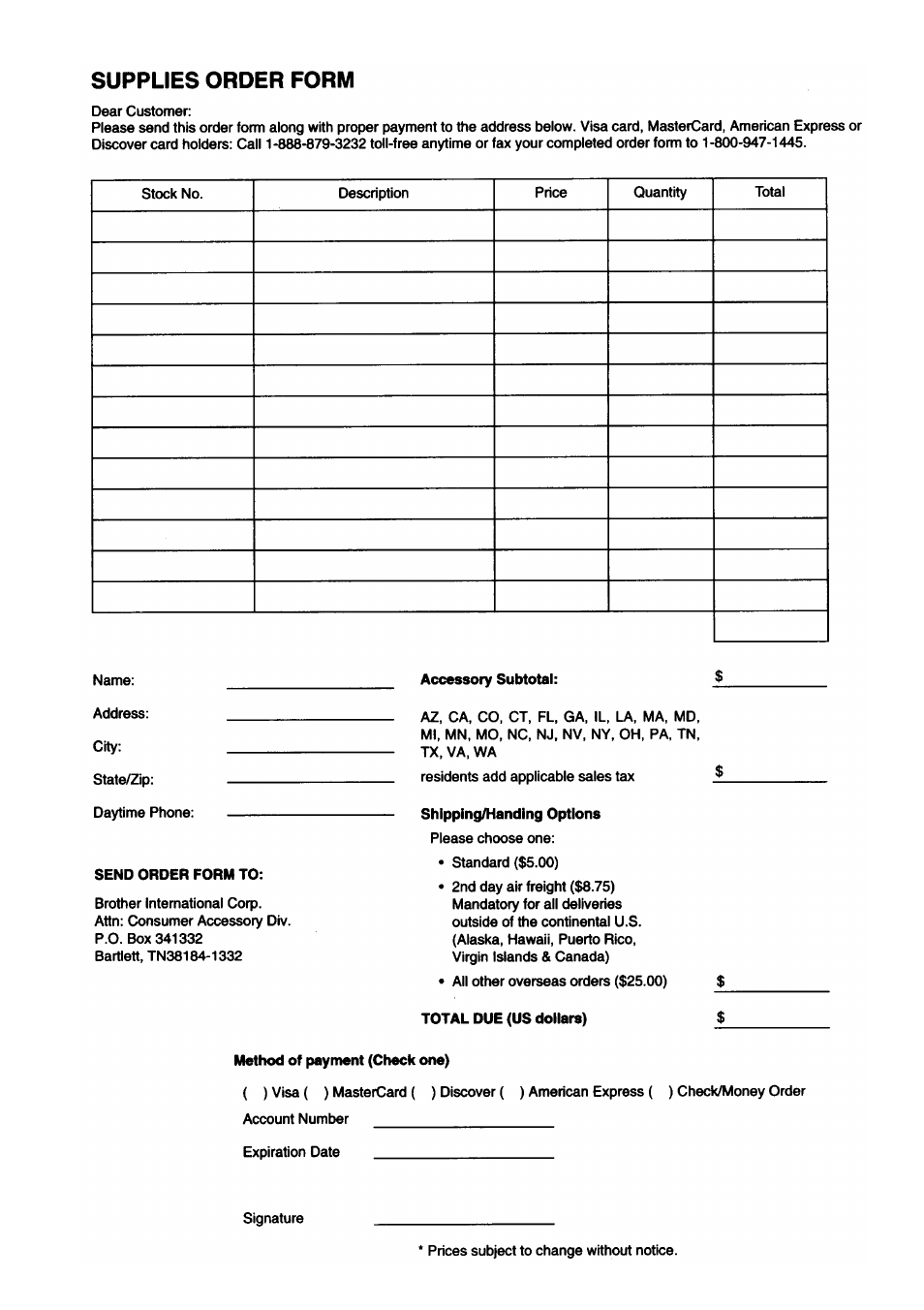 Supplies order form | Brother PT-330 User Manual | Page 100 / 150