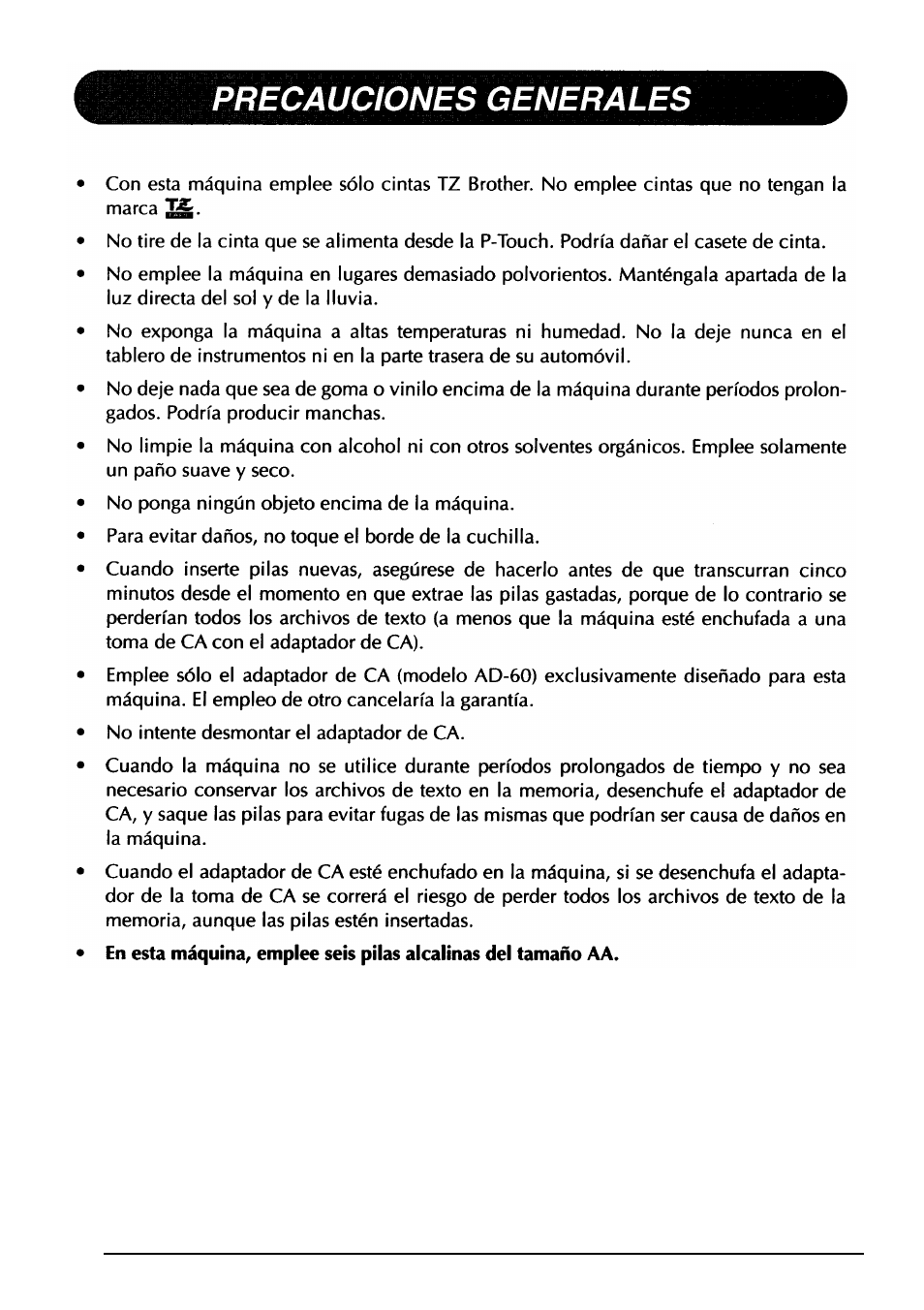 Precauciones generales | Brother PT-330 User Manual | Page 105 / 150