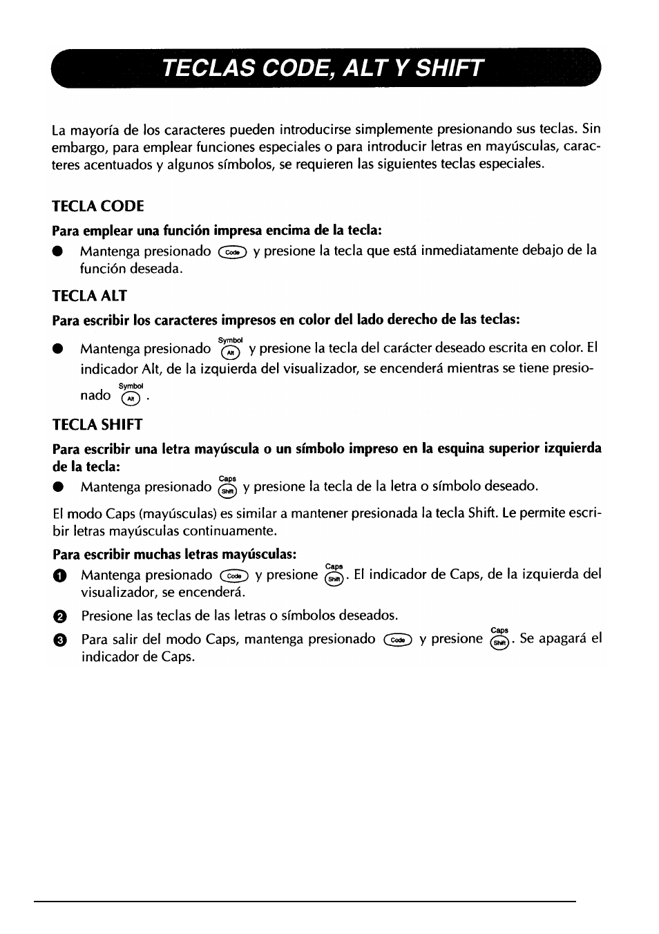 Tecla code, Tecla alt, Tecla shift | Teclas code, alt y shift | Brother PT-330 User Manual | Page 112 / 150