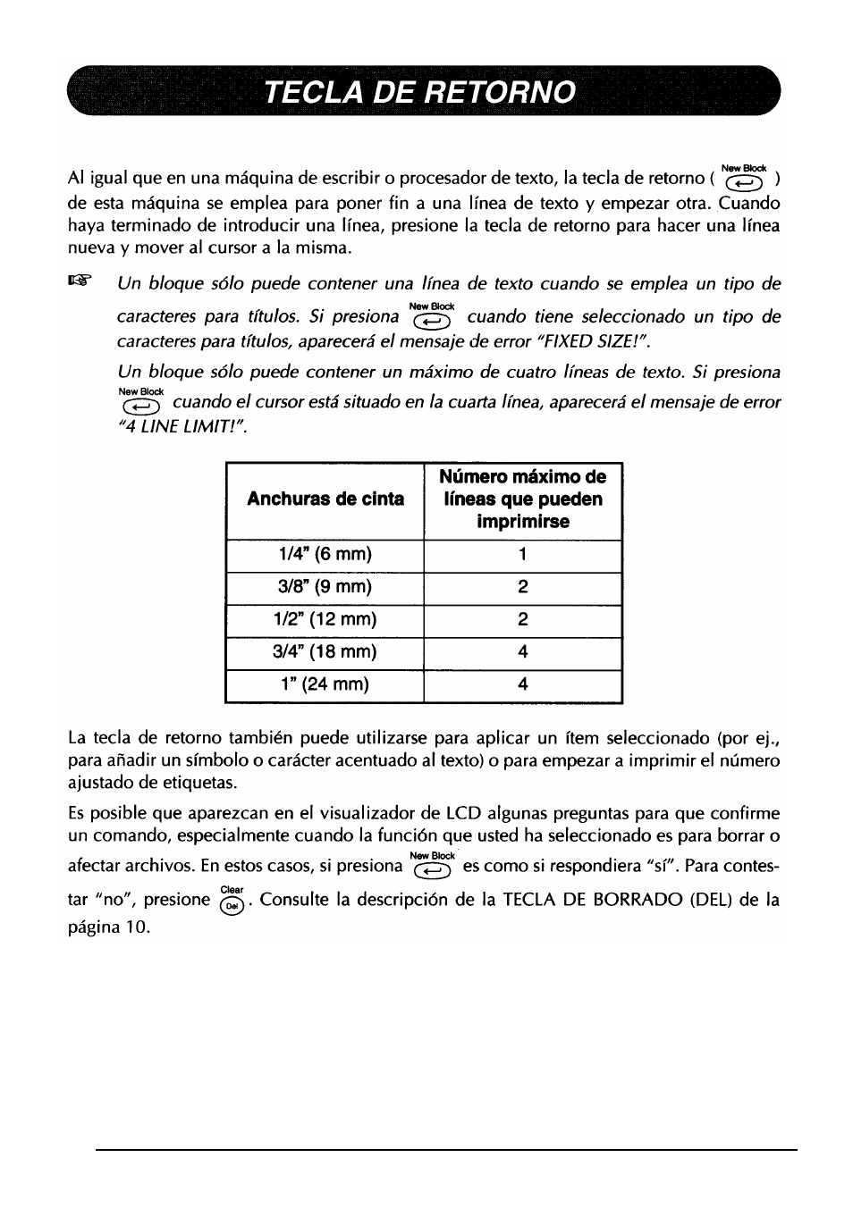 Tecla de retorno | Brother PT-330 User Manual | Page 113 / 150