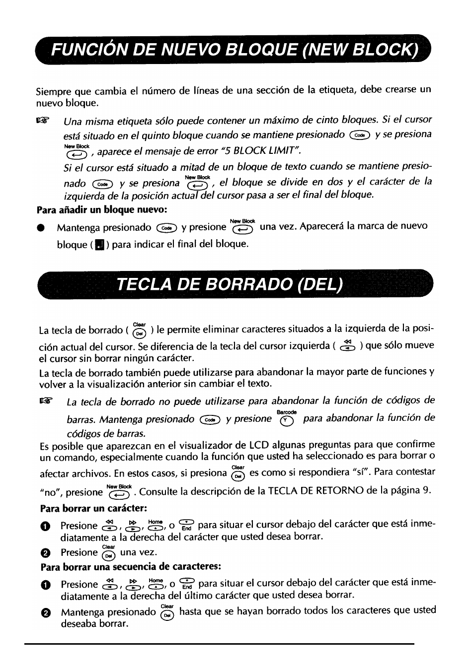 Funcion de nuevo bloque (new block), Tecla de borrado (del), Aparece | Brother PT-330 User Manual | Page 114 / 150