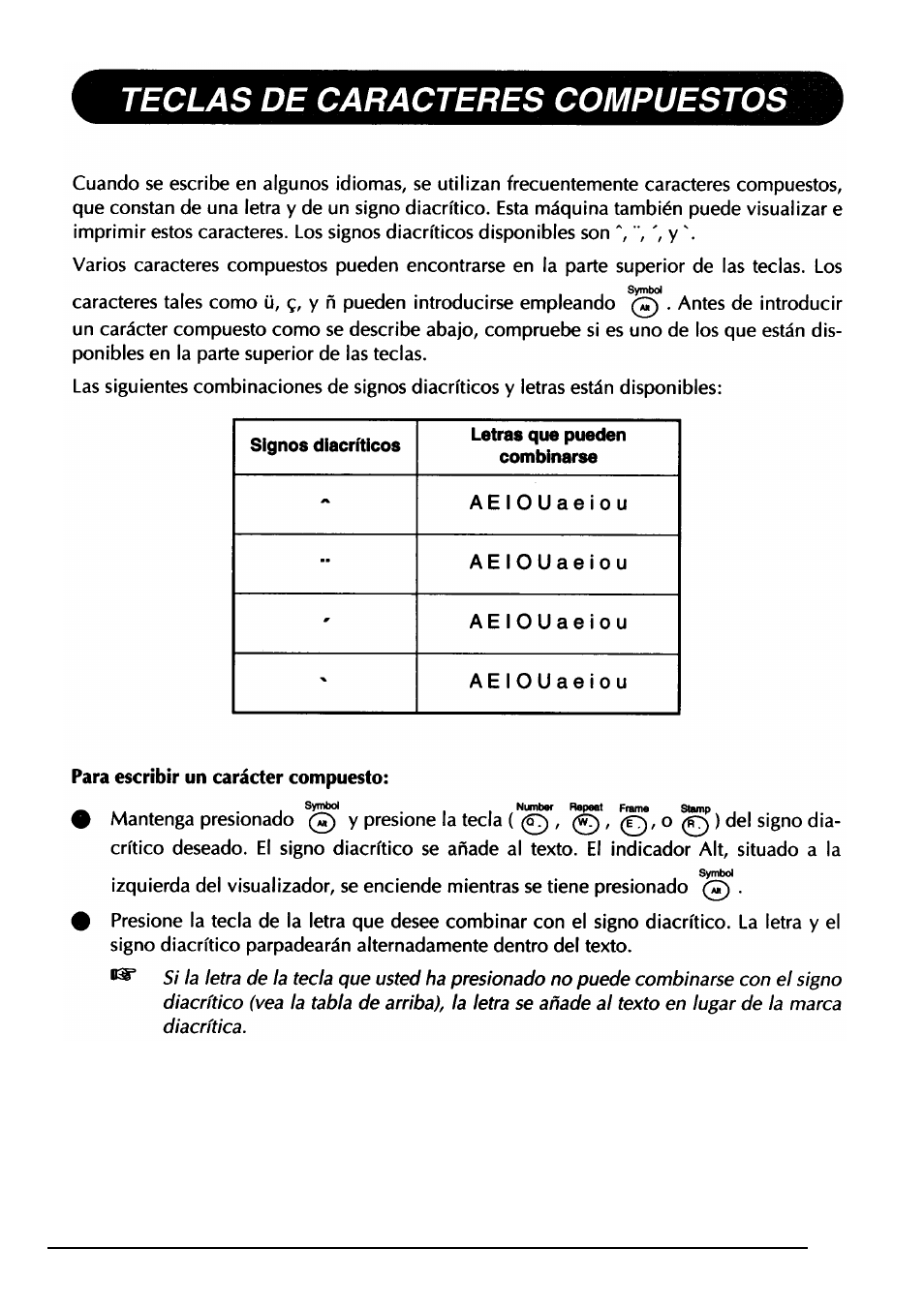 Teclas de caracteres compuestos, Para escribir un carácter compuesto | Brother PT-330 User Manual | Page 116 / 150