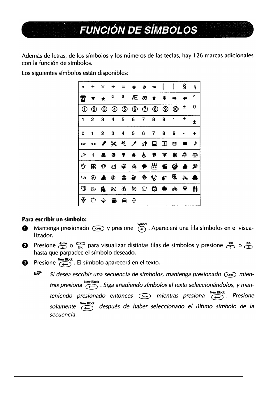 S n •í, Funcion de simbolos | Brother PT-330 User Manual | Page 118 / 150