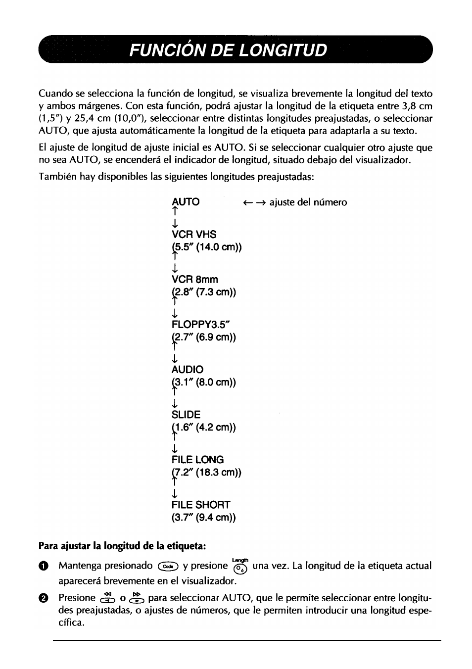 Funcion de longitud | Brother PT-330 User Manual | Page 119 / 150