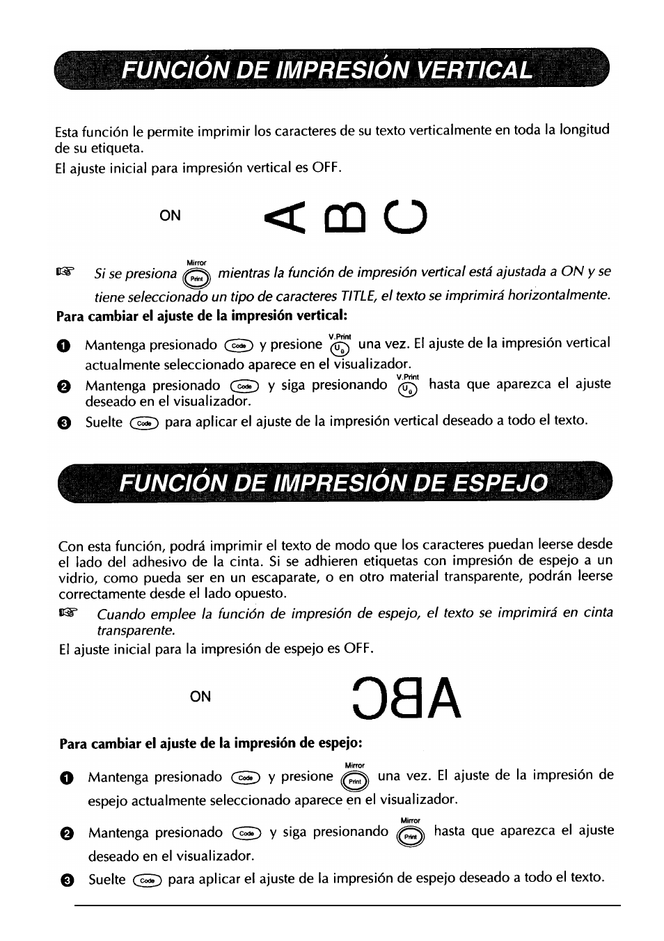 Dû o, Funcion de impresion vertical, Funcion de impresion de espejo | Brother PT-330 User Manual | Page 131 / 150