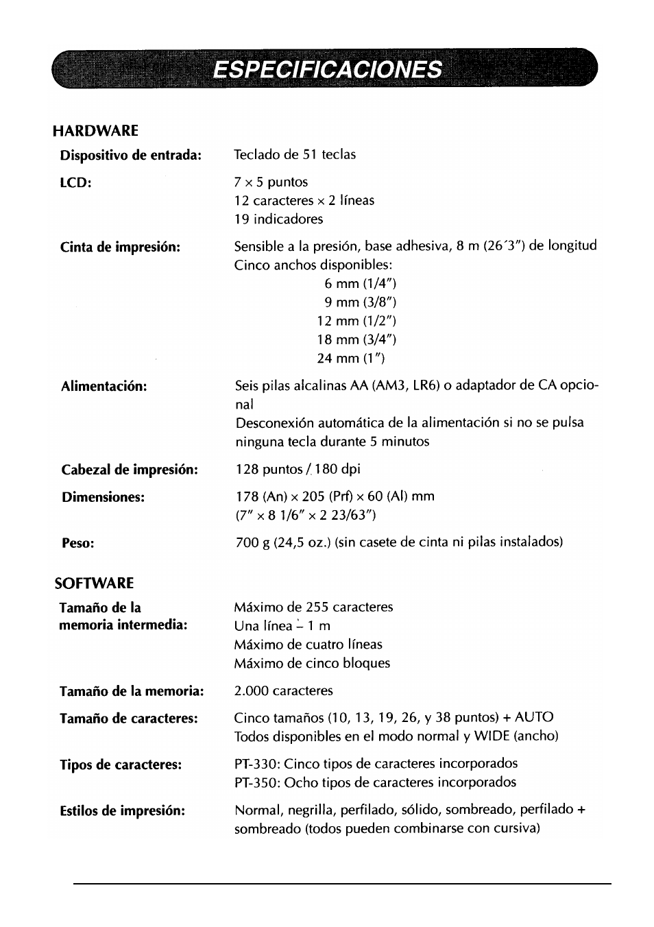 Software, Especificaciones | Brother PT-330 User Manual | Page 147 / 150