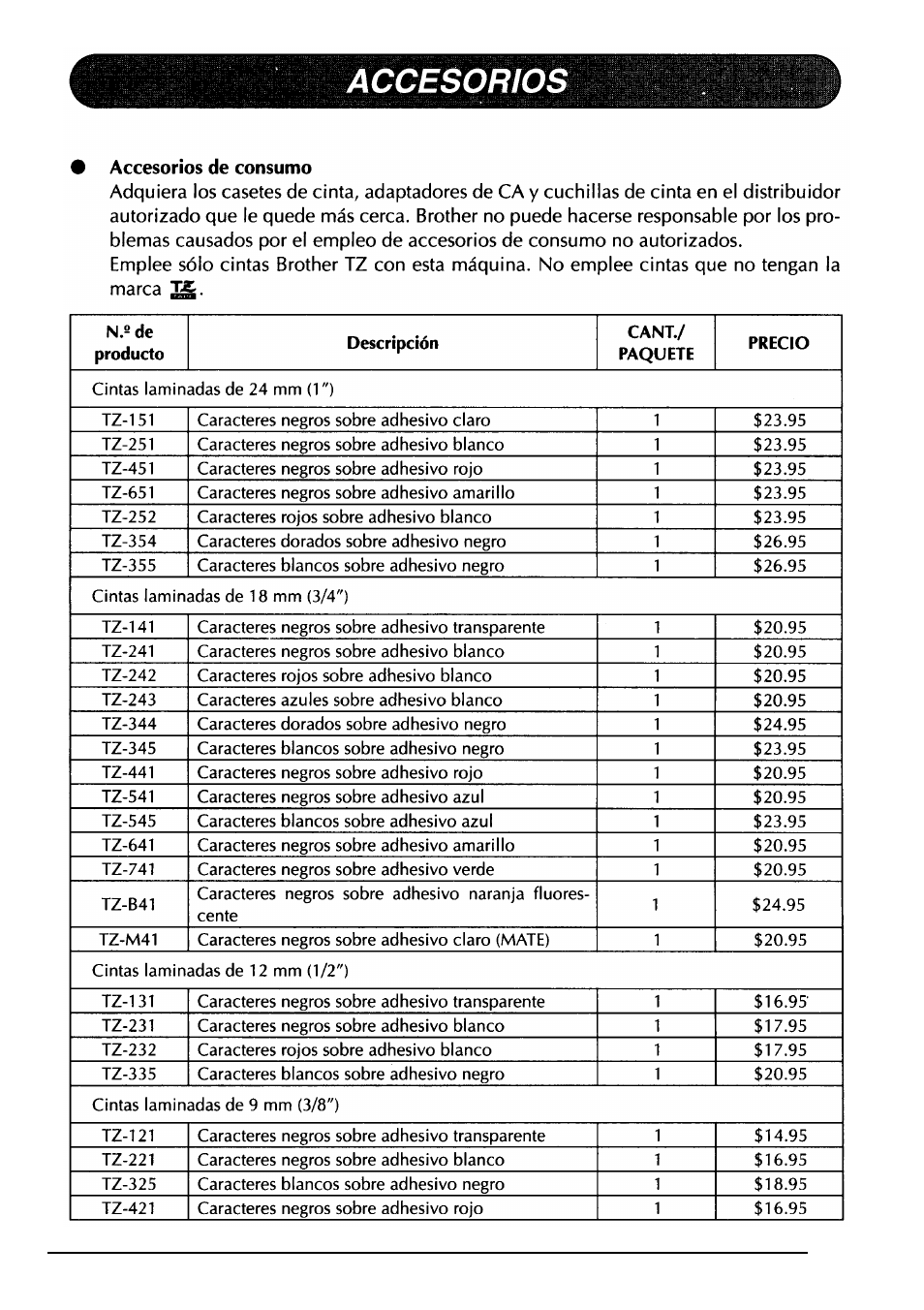 Accesorios | Brother PT-330 User Manual | Page 148 / 150