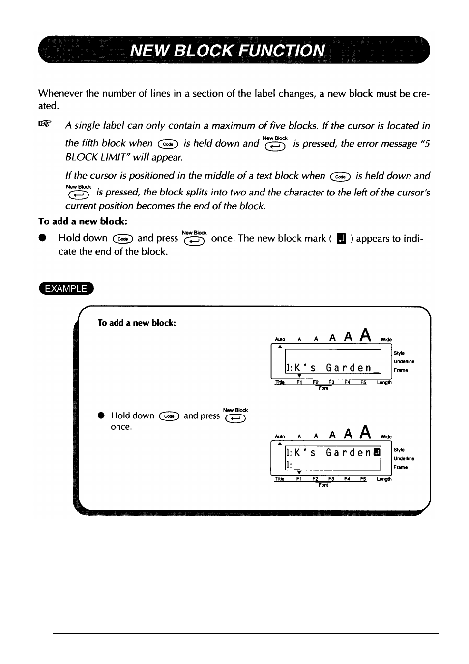 New block function, Ct39 | Brother PT-330 User Manual | Page 41 / 150
