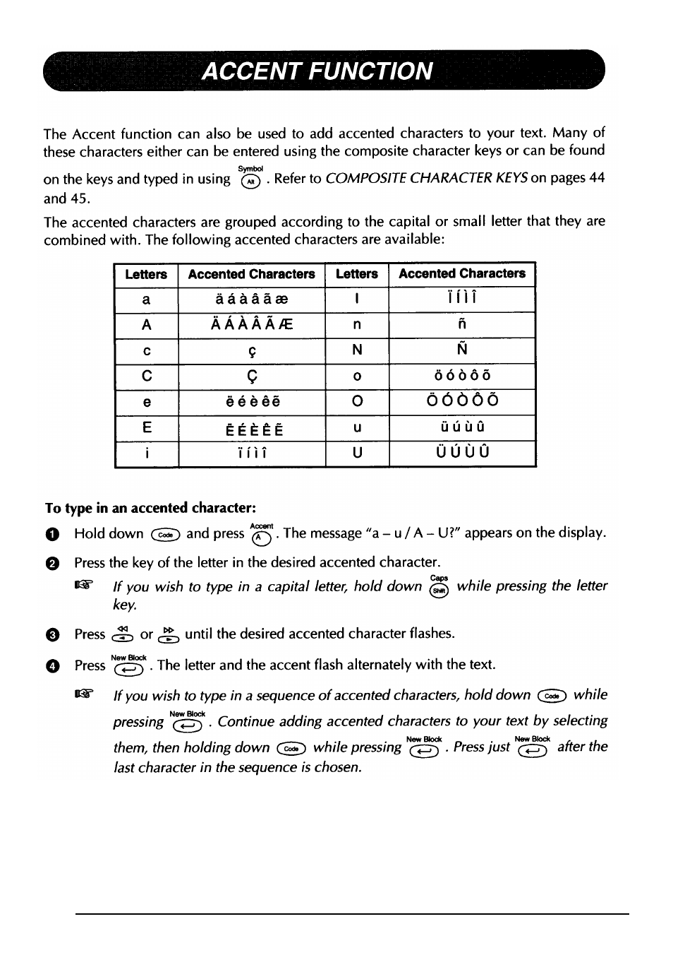 Accent function | Brother PT-330 User Manual | Page 49 / 150