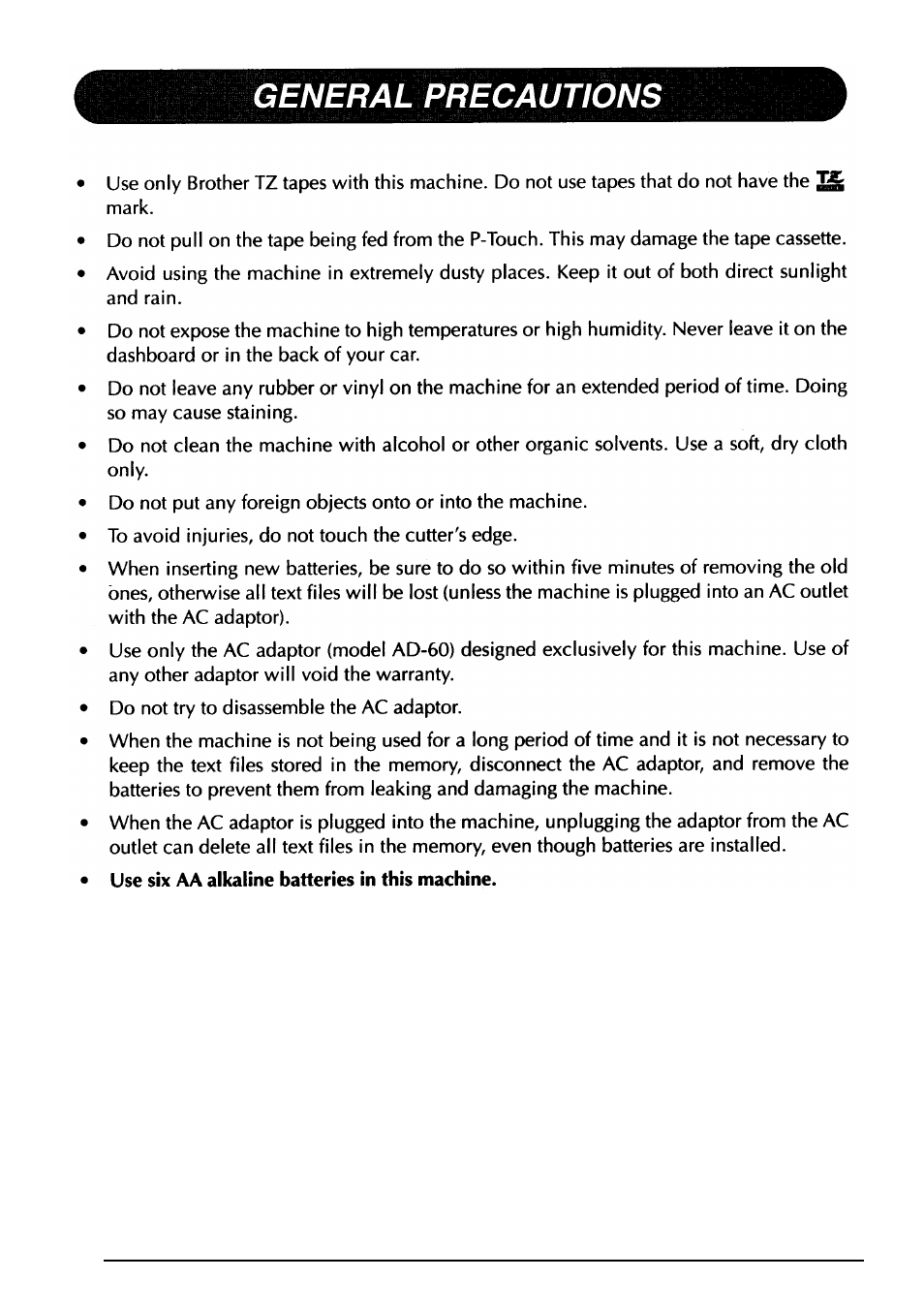 General precautions | Brother PT-330 User Manual | Page 7 / 150