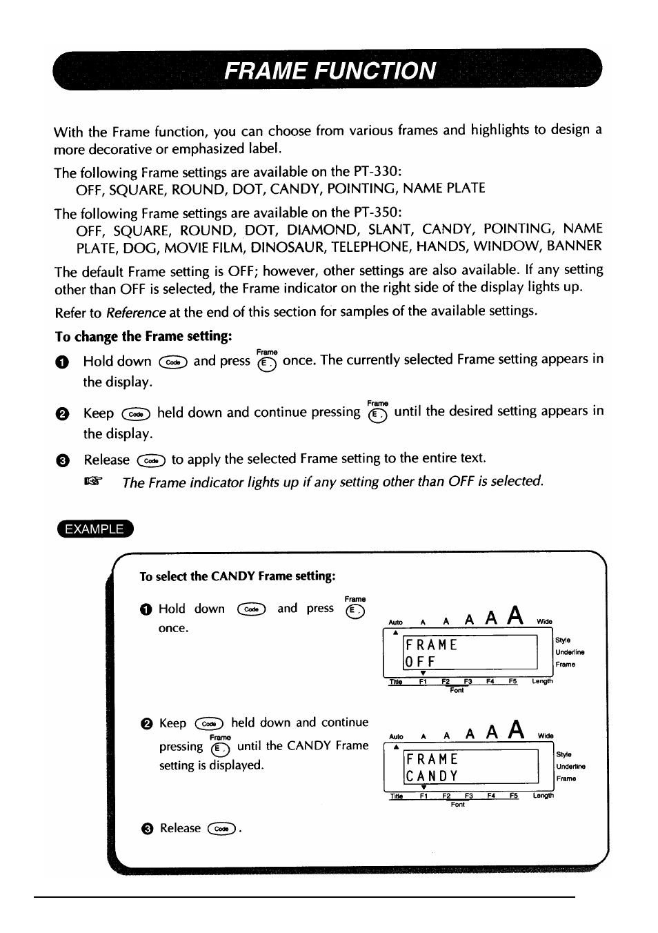 Frame function | Brother PT-330 User Manual | Page 70 / 150