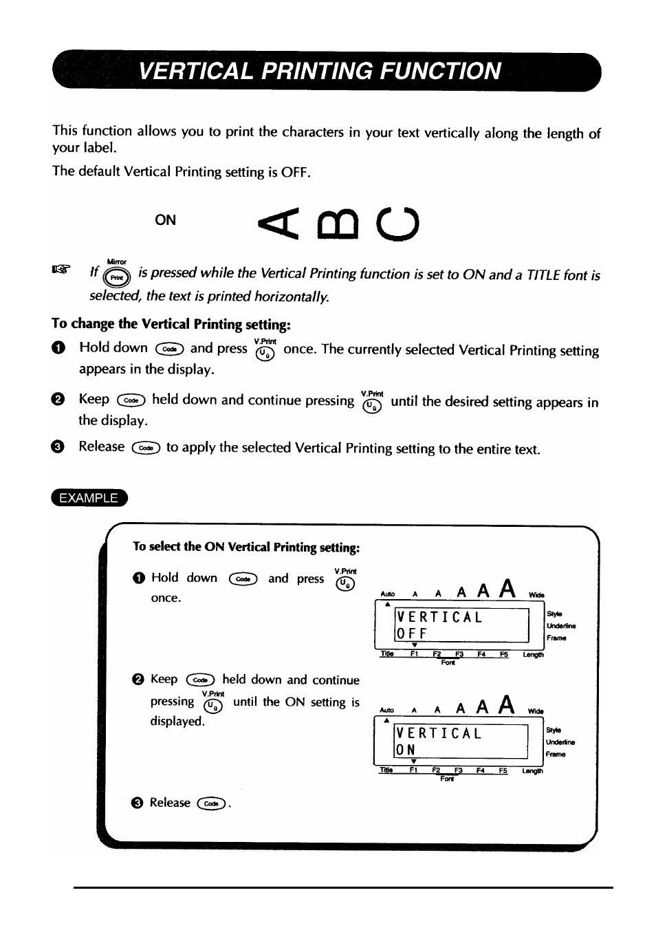 Vertical printing function, Oq o | Brother PT-330 User Manual | Page 75 / 150