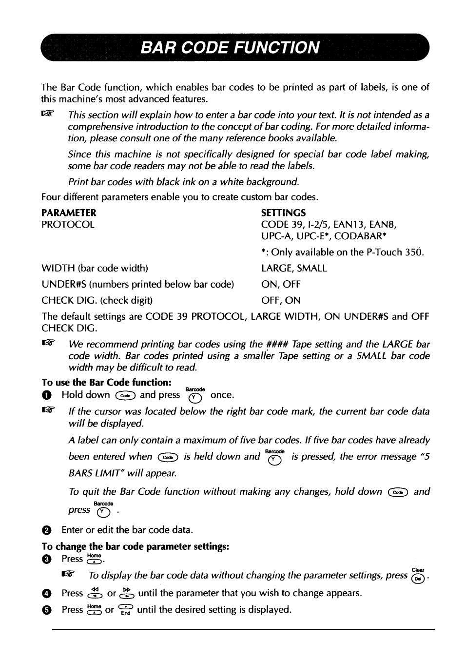 Bar code function | Brother PT-330 User Manual | Page 77 / 150