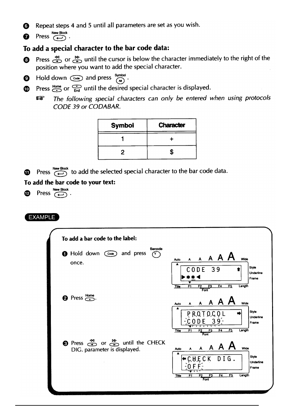 To add a special character to the bar code data | Brother PT-330 User Manual | Page 78 / 150
