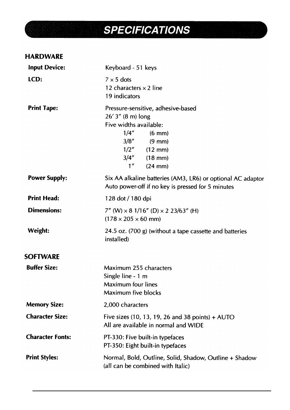 Software, Specifications | Brother PT-330 User Manual | Page 97 / 150