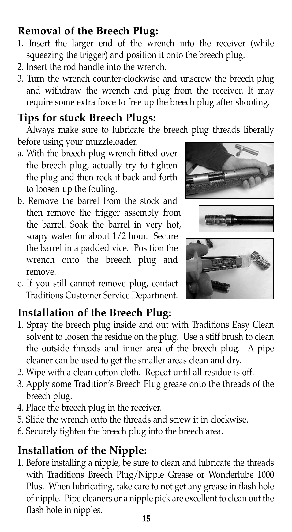 Removal of the breech plug, Tips for stuck breech plugs, Installation of the breech plug | Installation of the nipple | Traditions Lightning Ebolt Buckhunter User Manual | Page 21 / 38
