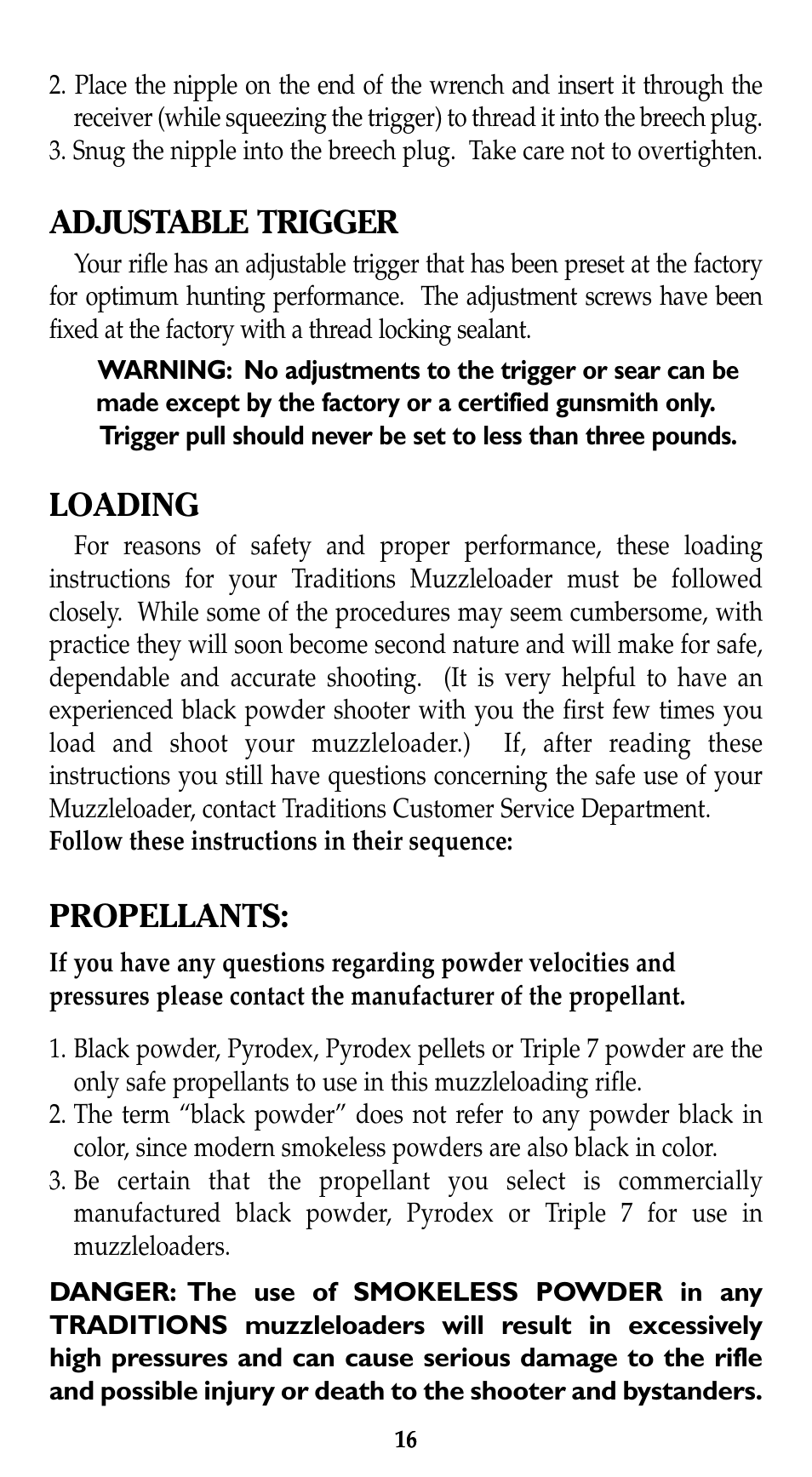 Adjustable trigger, Loading, Propellants | Traditions Lightning Ebolt Buckhunter User Manual | Page 22 / 38