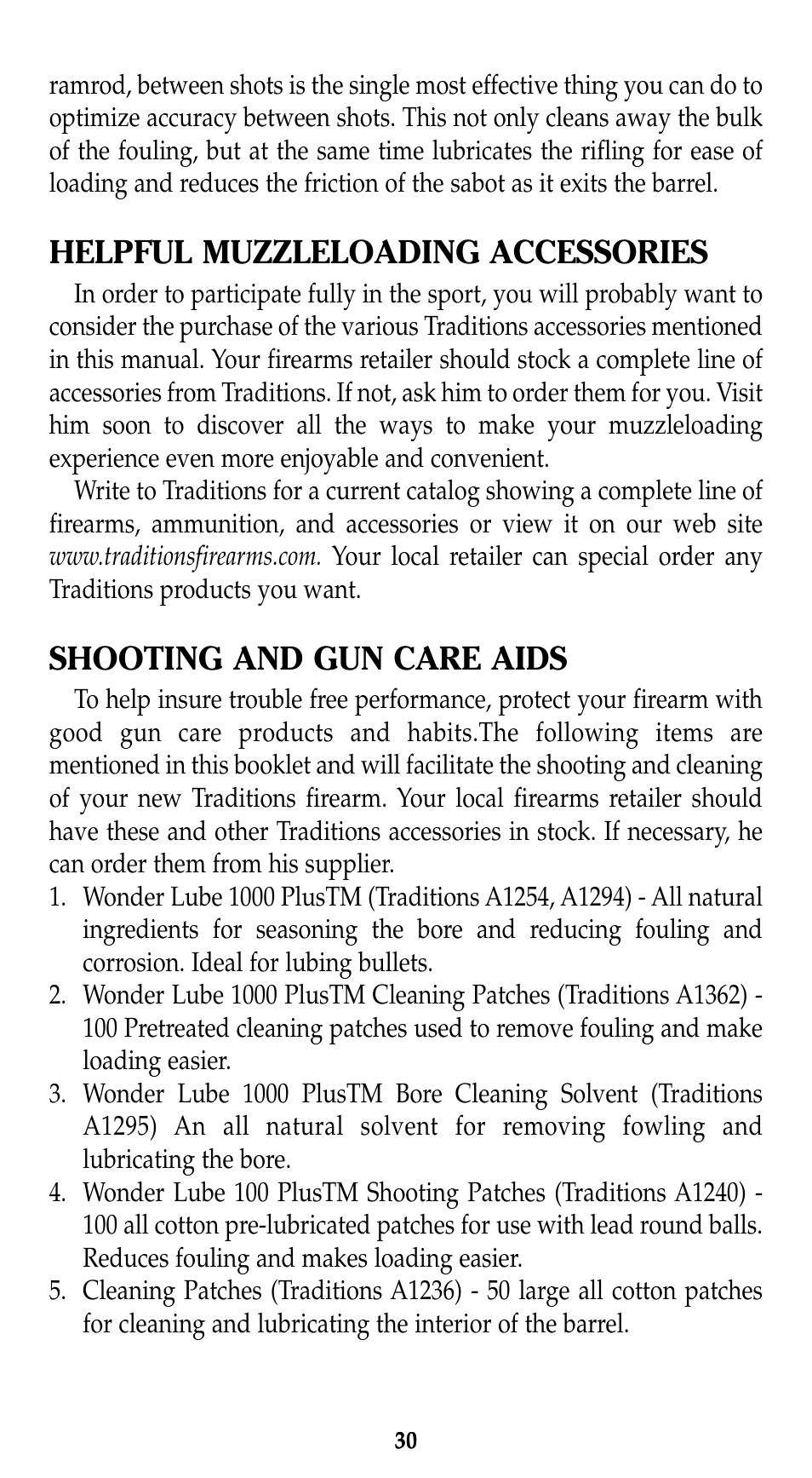 Helpful muzzleloading accessories, Shooting and gun care aids | Traditions Lightning Ebolt Buckhunter User Manual | Page 36 / 38