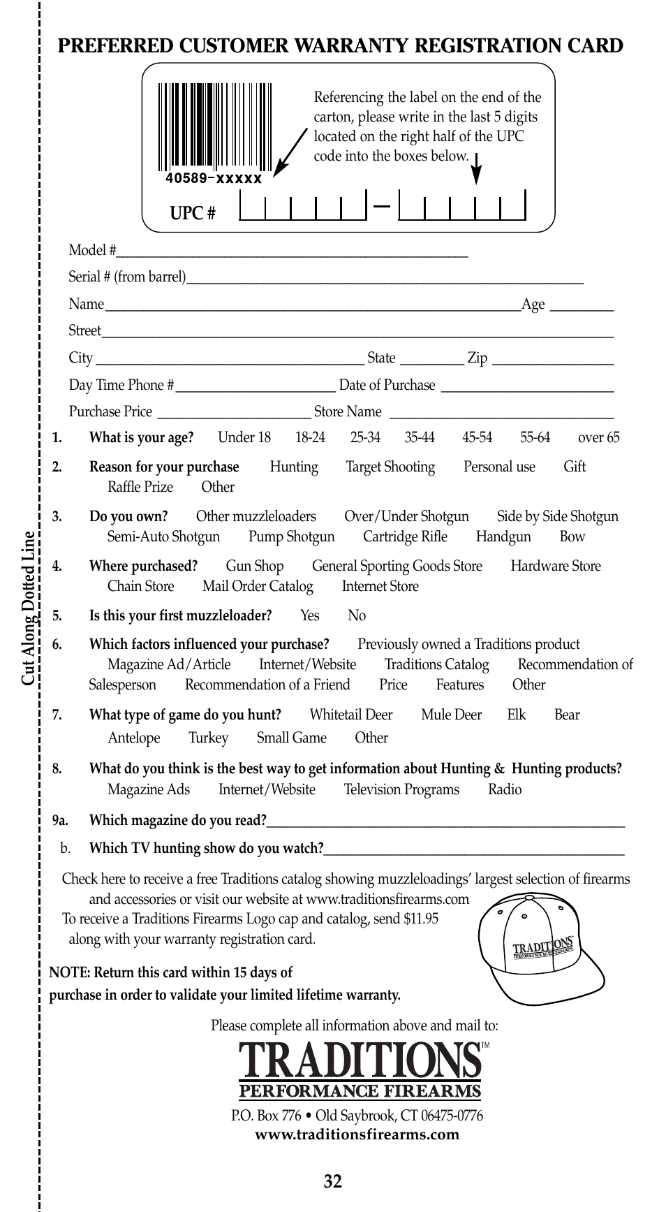 Preferred customer warranty registration card | Traditions Lightning Ebolt Buckhunter User Manual | Page 38 / 38