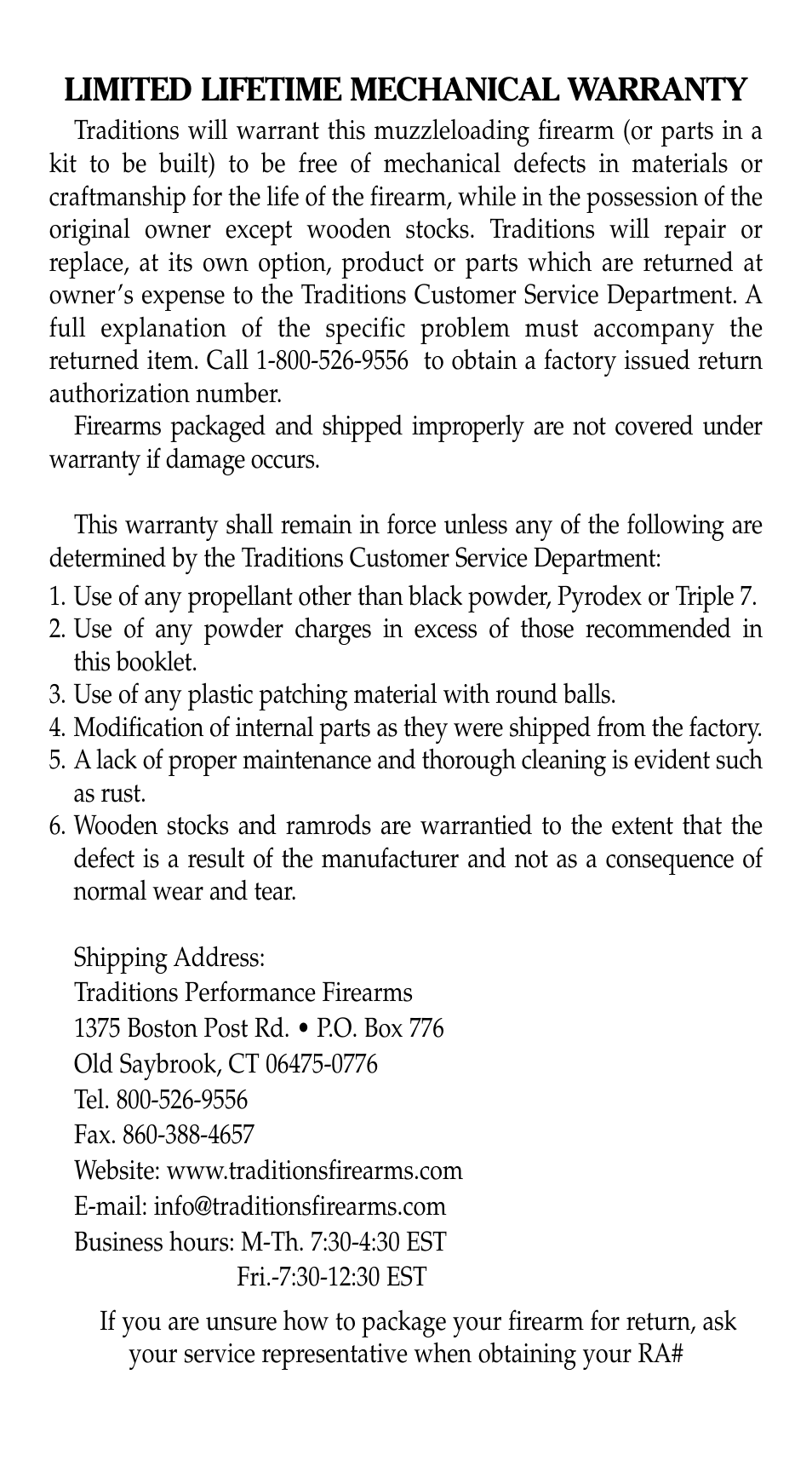 Limited lifetime mechanical warranty | Traditions Lightning Ebolt Buckhunter User Manual | Page 4 / 38