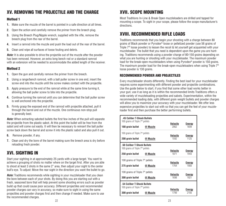 Xv. removing the projectile and the charge, Xvi. sighting in, Xvii. scope mounting | Xviii. recommended rifle loads | Traditions Pursuit Accelerator User Manual | Page 12 / 15