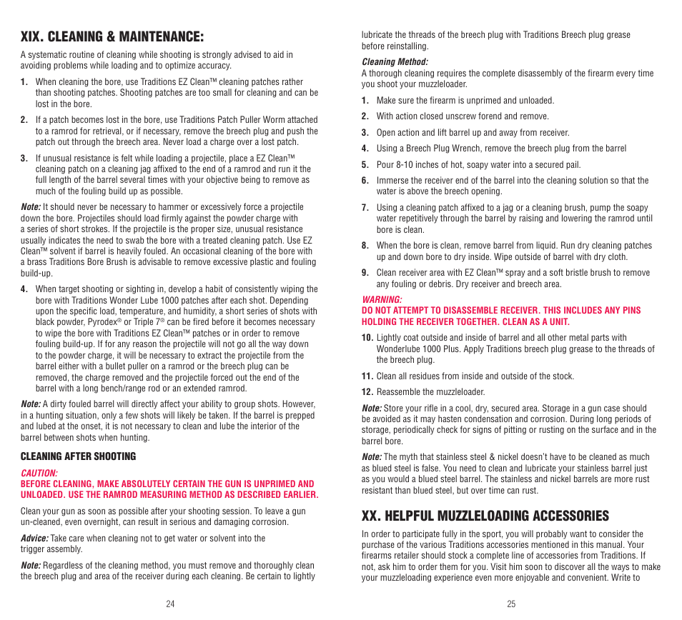 Xix. cleaning & maintenance, Xx. helpful muzzleloading accessories | Traditions Pursuit Accelerator User Manual | Page 13 / 15