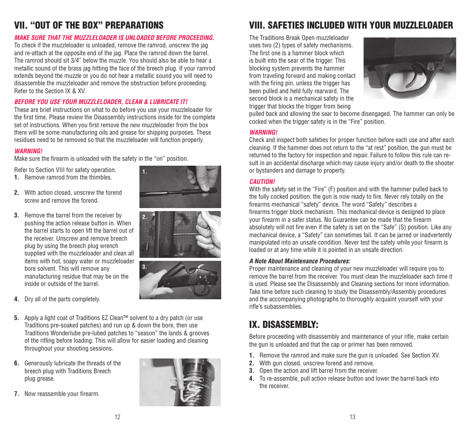 Vii. “out of the box” preparations, Viii. safeties included with your muzzleloader, Ix. disassembly | Traditions Pursuit Accelerator User Manual | Page 7 / 15
