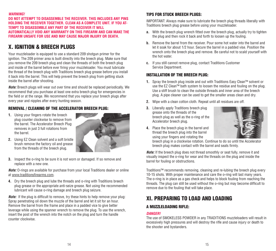 X. ignition & breech plugs, Xi. preparing to load and loading | Traditions Pursuit Accelerator User Manual | Page 8 / 15