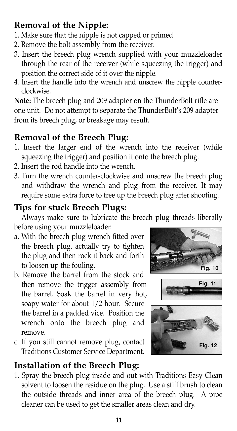 Removal of the nipple, Removal of the breech plug, Tips for stuck breech plugs | Installation of the breech plug | Traditions Evolution Thunderbolt Tracker User Manual | Page 21 / 38
