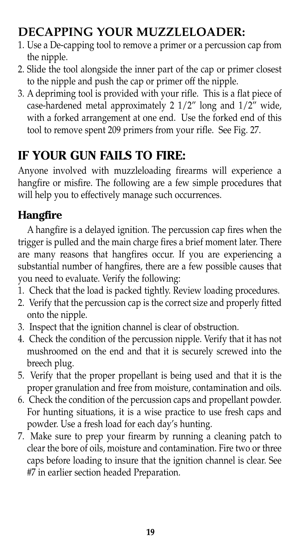 Decapping your muzzleloader, If your gun fails to fire | Traditions Evolution Thunderbolt Tracker User Manual | Page 29 / 38