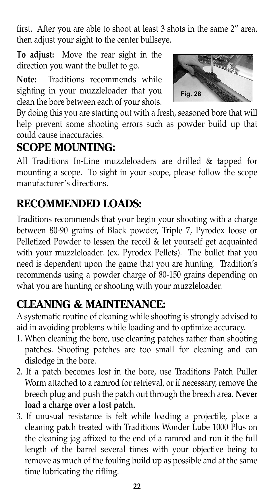 Scope mounting, Recommended loads, Cleaning & maintenance | Traditions Evolution Thunderbolt Tracker User Manual | Page 32 / 38