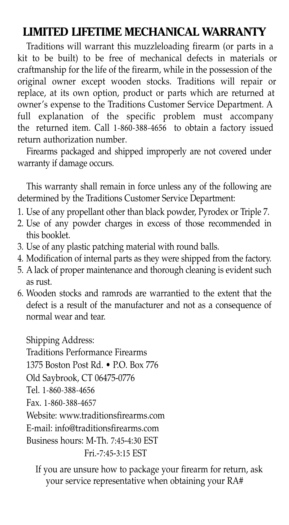 Limited lifetime mechanical warranty | Traditions Evolution Thunderbolt Tracker User Manual | Page 4 / 38