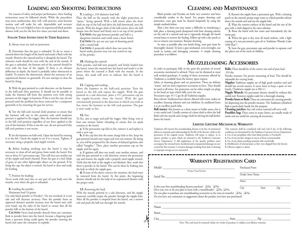 Oading and, Hooting, Nstructions | Leaning and, Aintenance, Uzzleloading, Ccessories | Traditions P1381 Derringer User Manual | Page 2 / 2