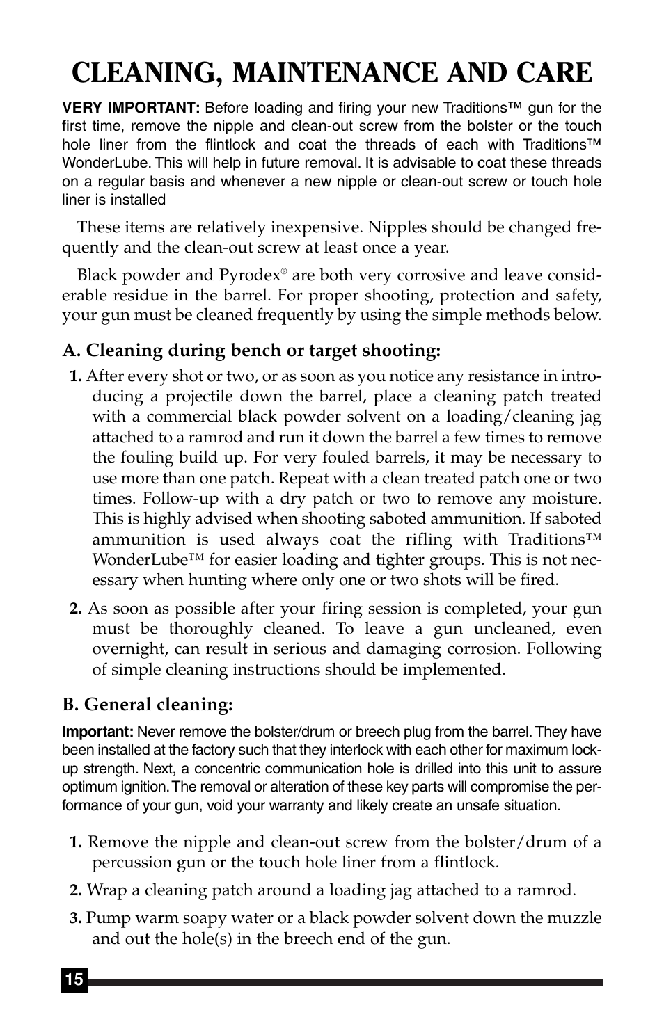 Cleaning, maintenance and care | Traditions Side Lock Percussion - Flintlock User Manual | Page 13 / 24