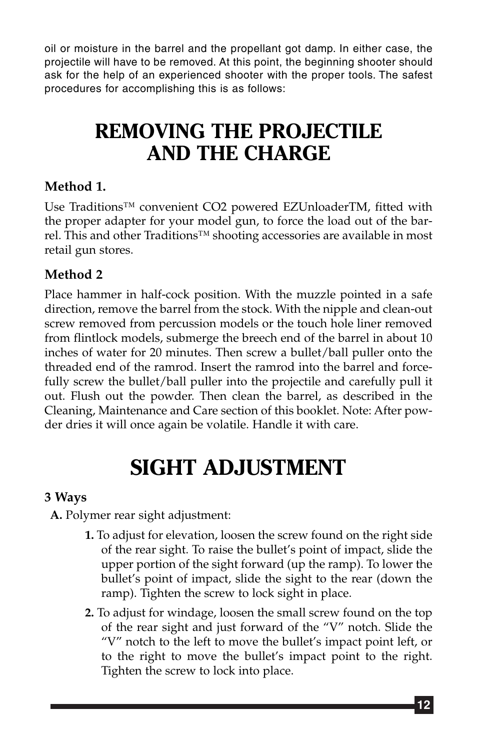 Sight adjustment, Removing the projectile and the charge | Traditions Side Lock Percussion - Flintlock User Manual | Page 20 / 24