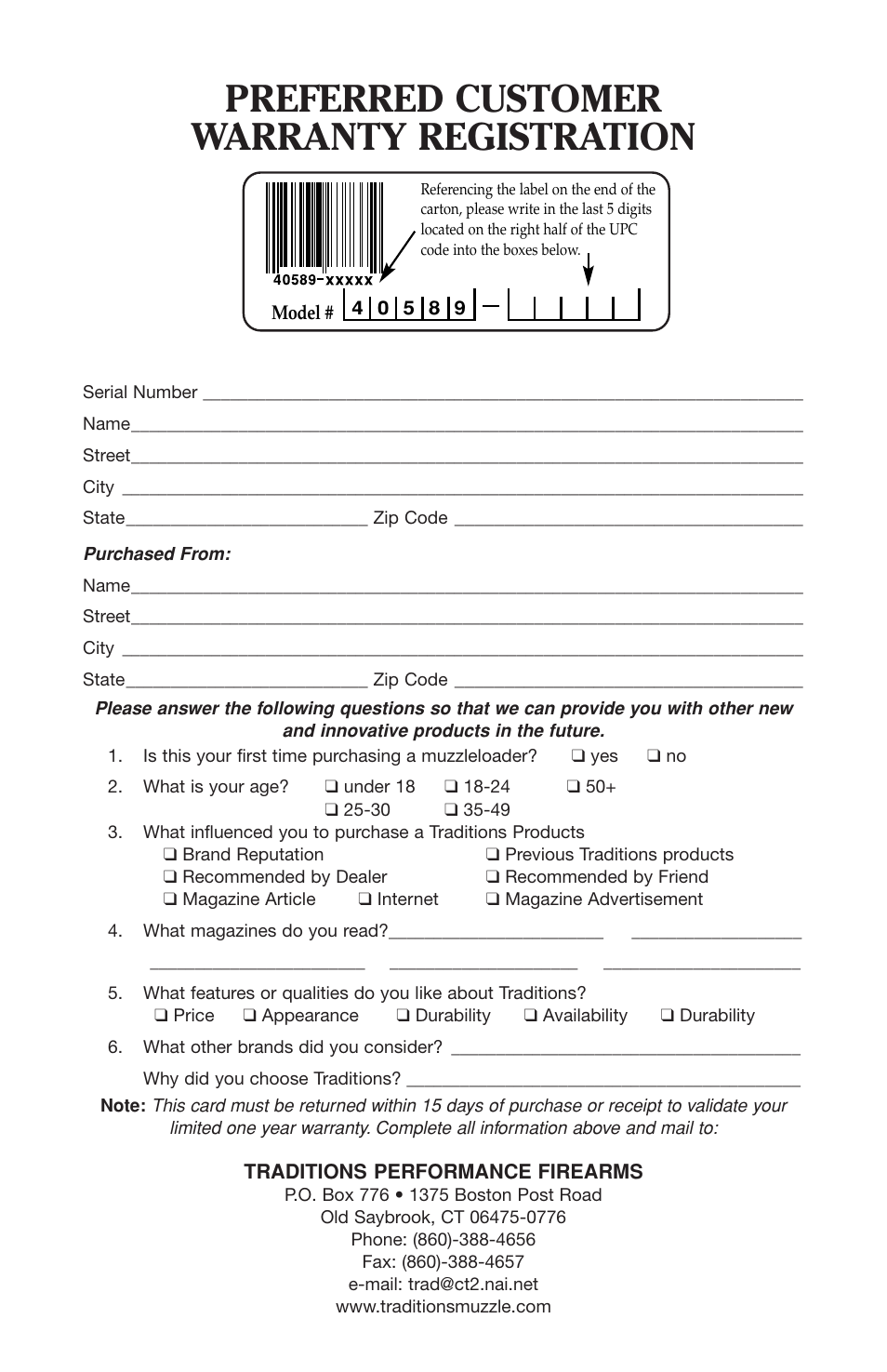Preferred customer warranty registration | Traditions Side Lock Percussion - Flintlock User Manual | Page 4 / 24