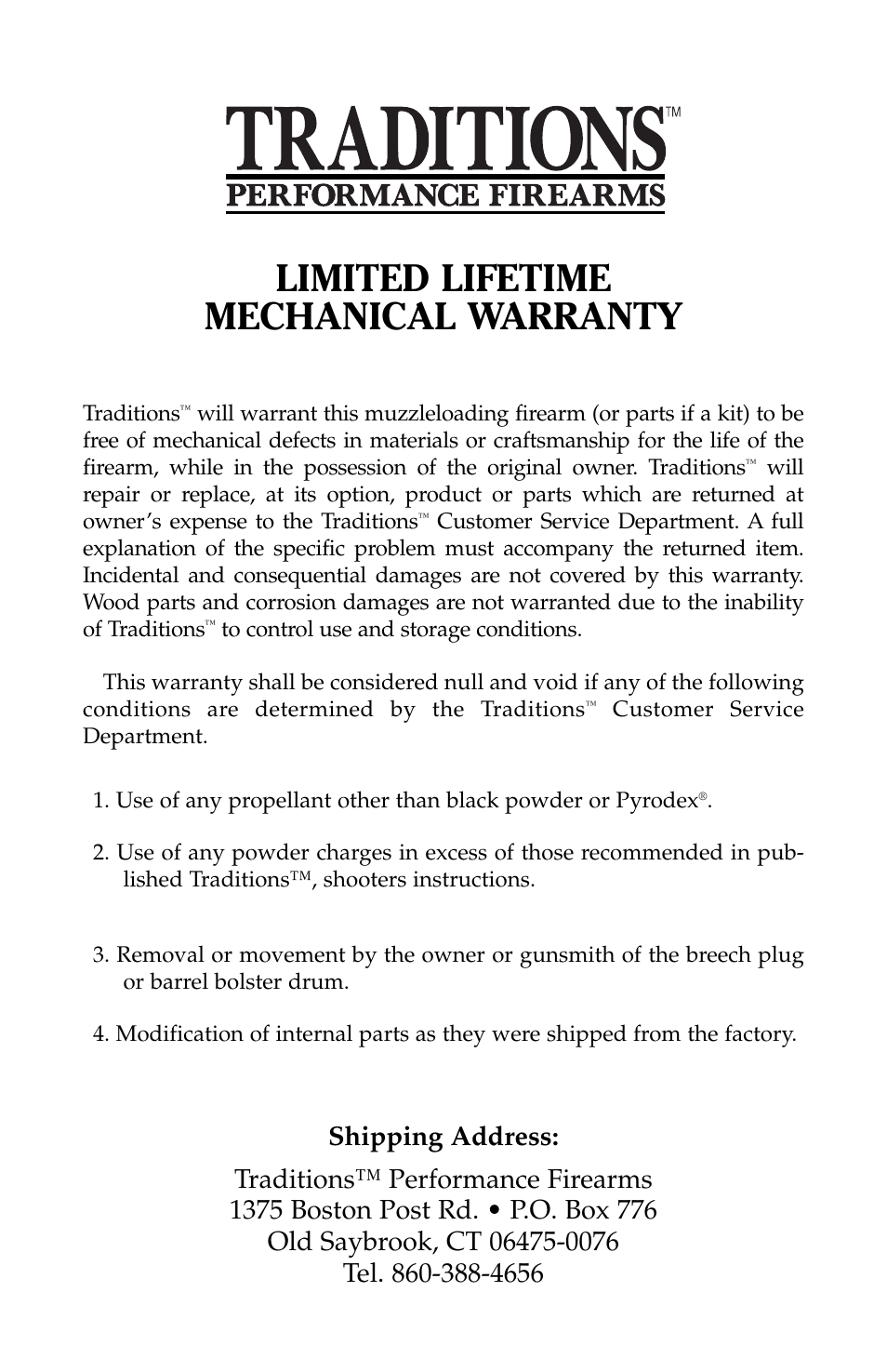 Limited lifetime mechanical warranty | Traditions Side Lock Percussion - Flintlock User Manual | Page 6 / 24