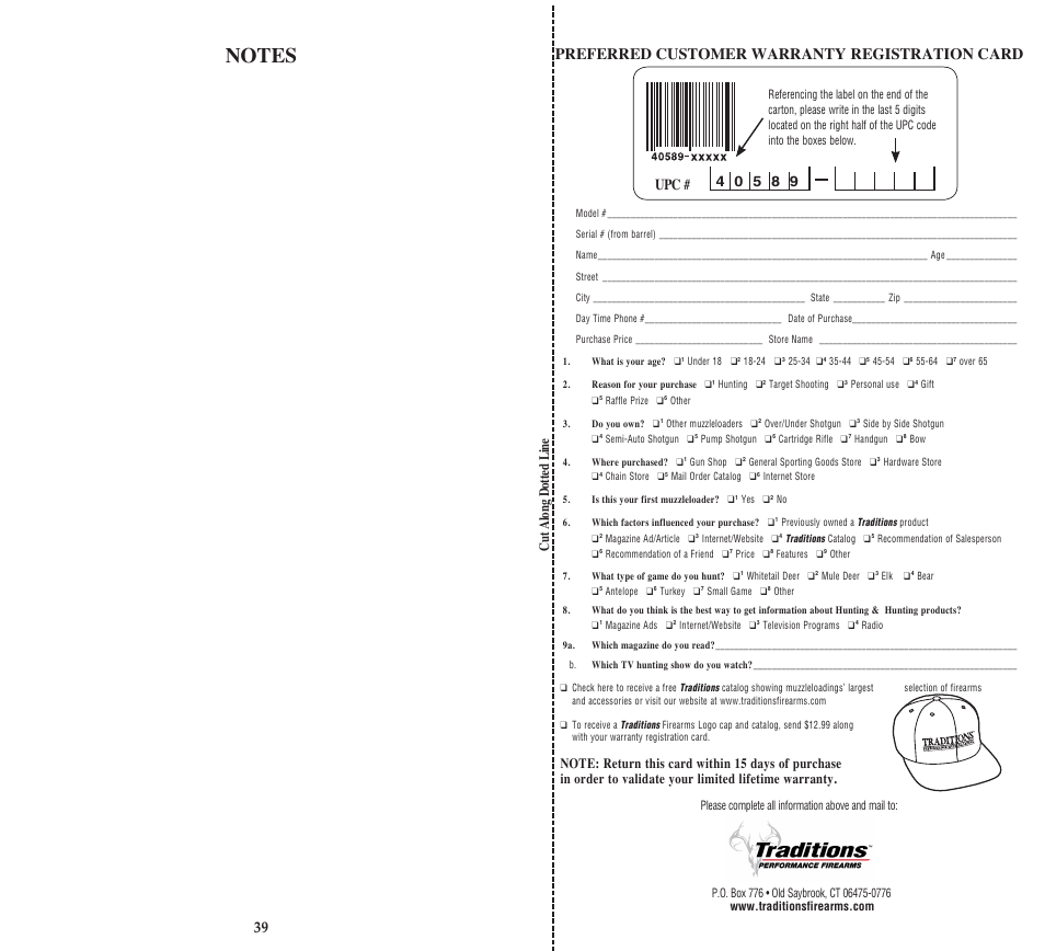 Preferred customer warranty registration card, Cut along dotted line | Traditions Vortek StrikerFire User Manual | Page 56 / 57