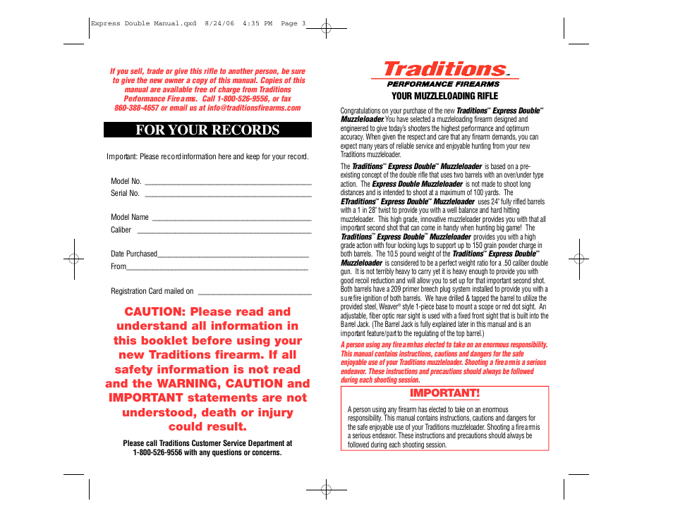 For your records | Traditions REX User Manual | Page 2 / 26