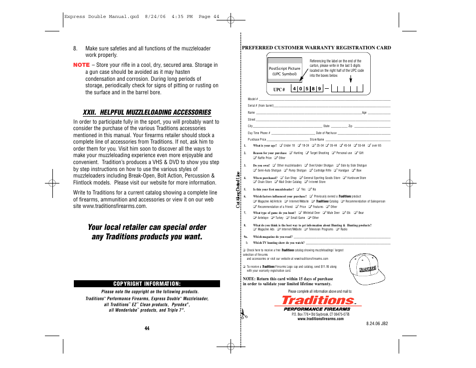 Xxii. helpful muzzleloading accessories, Copyright informat i o n, Preferred customer warranty registration card | Traditions REX User Manual | Page 26 / 26