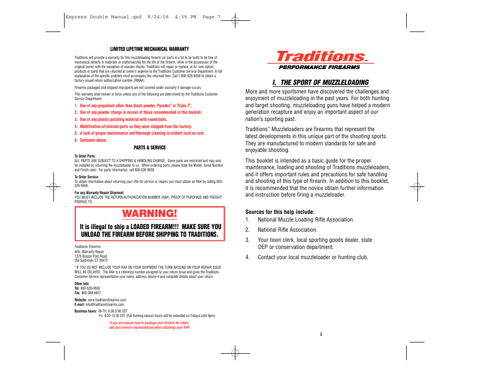 Warning, I. the sport of muzzleloading | Traditions REX User Manual | Page 4 / 26