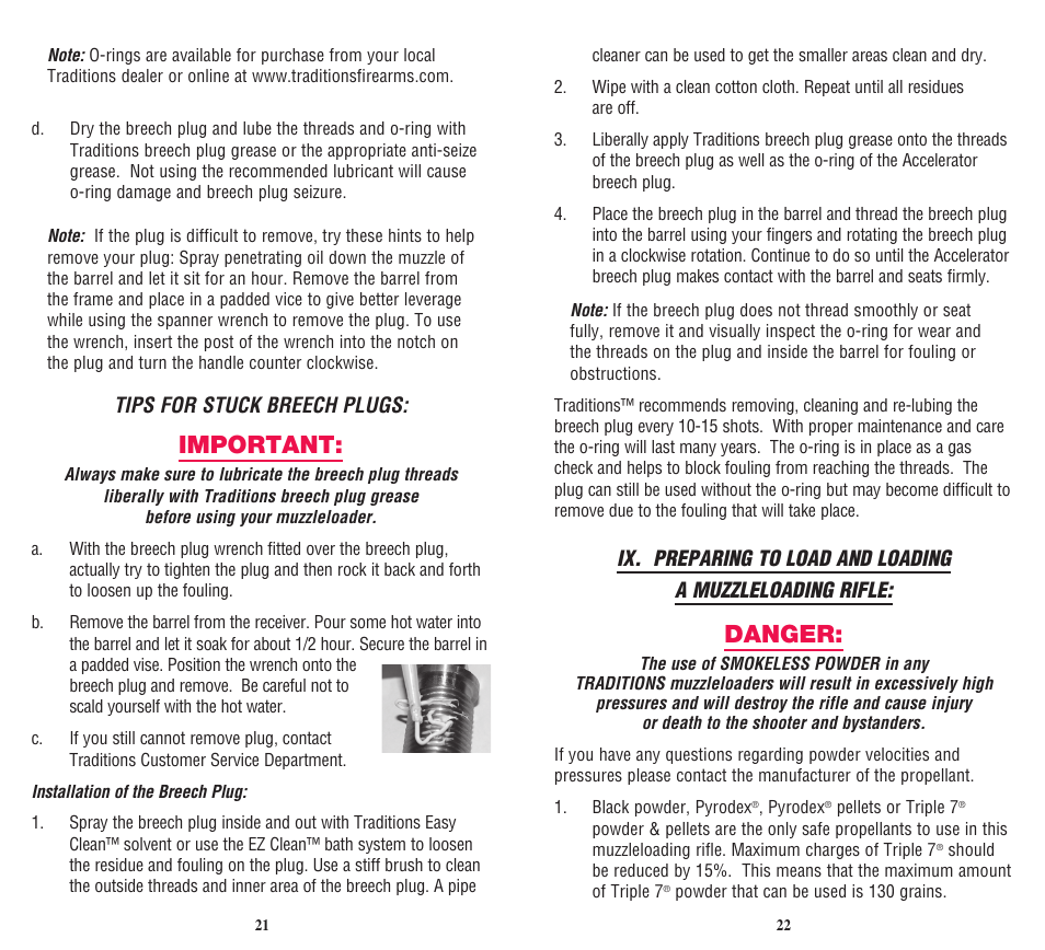 Danger, Important | Traditions Vortek Ultralight User Manual | Page 15 / 25