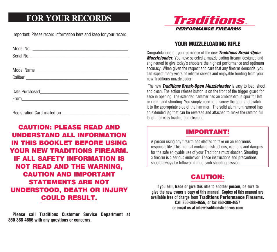 For your records, Important, Caution | Traditions Vortek Ultralight User Manual | Page 2 / 25