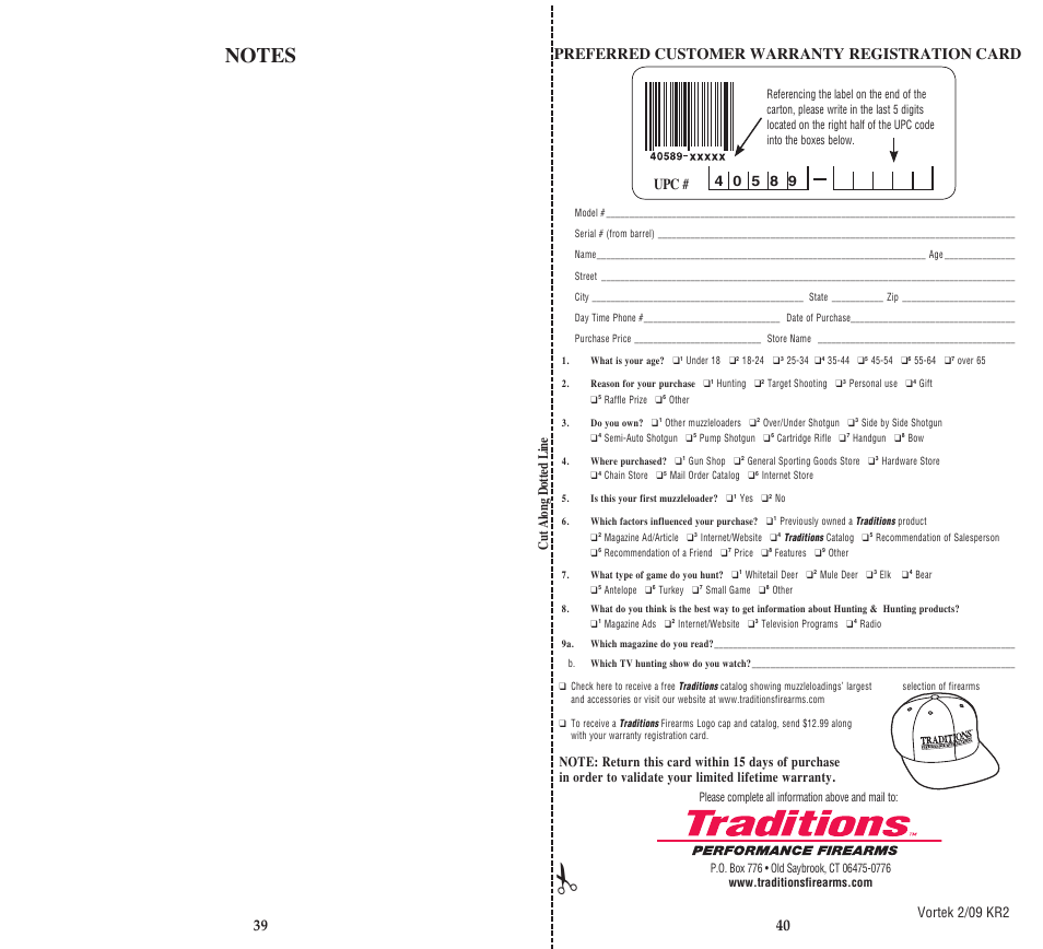Preferred customer warranty registration card, Cut along dotted line vortek 2/09 kr2 | Traditions Vortek Ultralight User Manual | Page 24 / 25