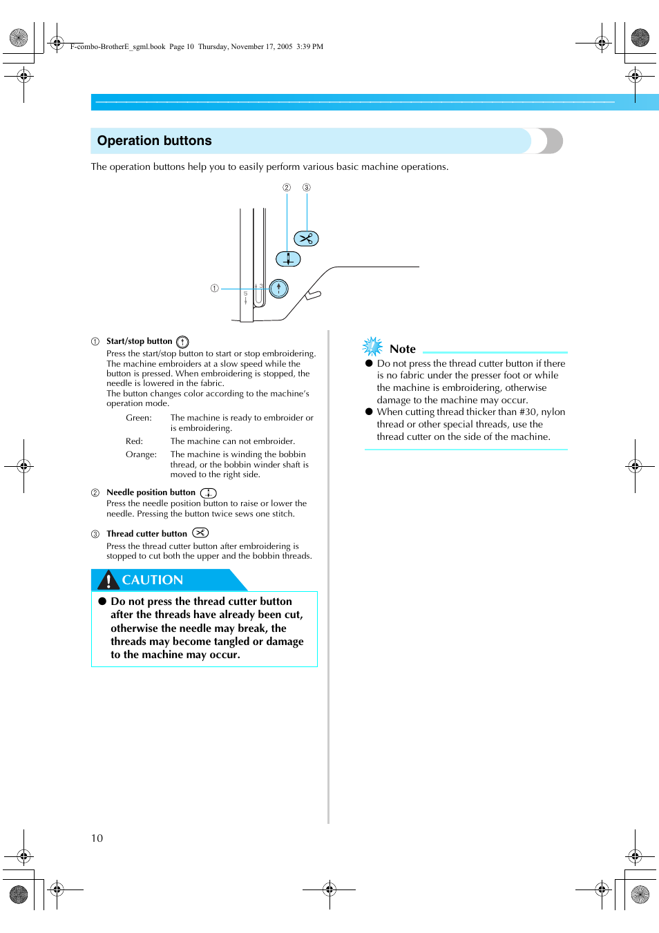 Operation buttons, Caution | Brother Computerized Embroidery Machine User Manual | Page 11 / 86